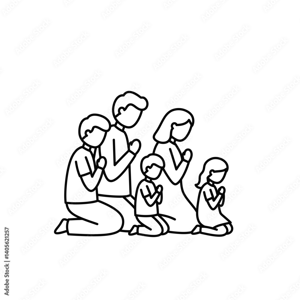 Family Praying Together: A simple line art illustration depicting a family of four—two adults and two children—kneeling in prayer, hands clasped together. The image conveys themes of faith. Family Praying Together: A simple line art illustration depicting a family of four—two adults and two children—kneeling in prayer, hands clasped together. The image conveys themes of faith.