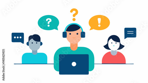Support team helping customers with frequently asked questions in a helpdesk or service center scene ideal for customer care and IT support content