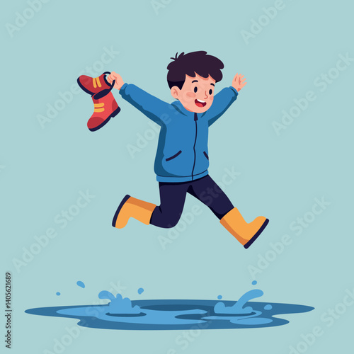 A cheerful boy wearing yellow rain boots and a blue jacket joyfully jumps over a puddle in a playful, minimal vector illustration