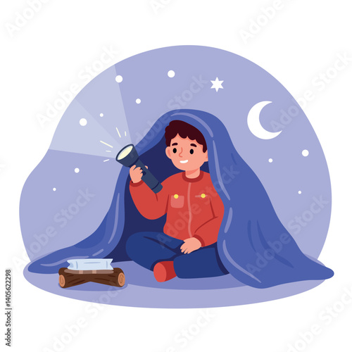 A cheerful boy sitting inside a blanket fort, holding a flashlight and enjoying a cozy evening, flat vector illustration