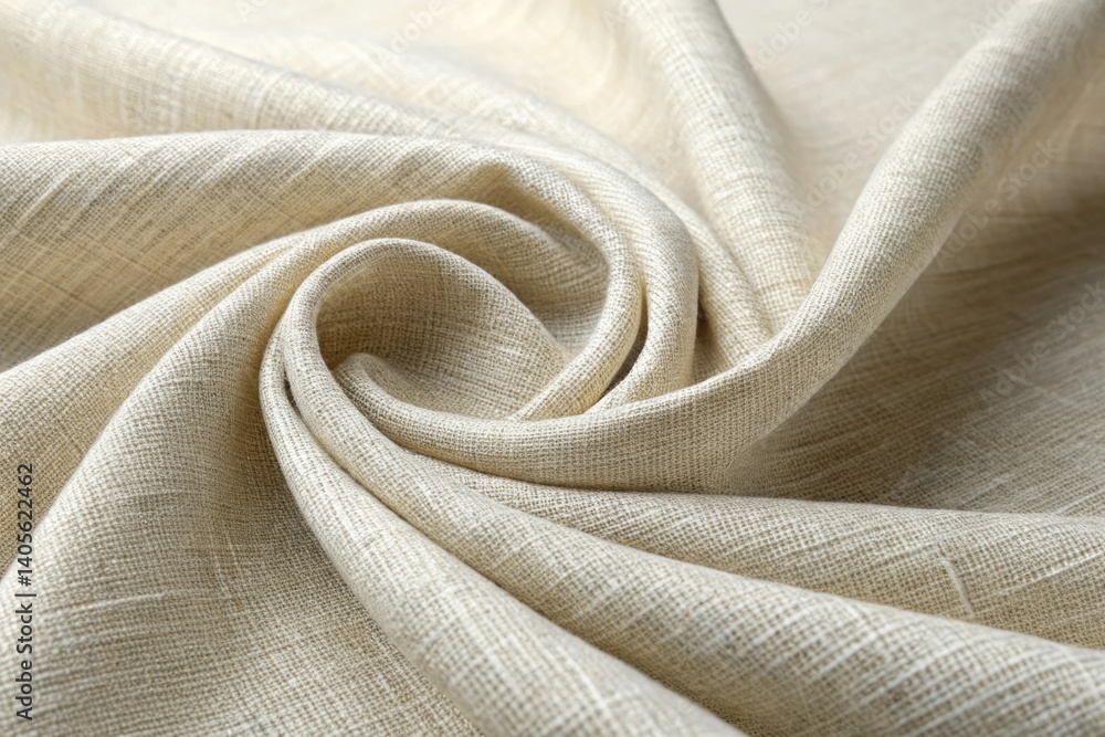 Cream-colored linen fabric, softly folded, creating a swirl pattern. Natural texture and elegant drape. Cream-colored linen fabric, softly folded, creating a swirl pattern. Natural texture and elegant drape.