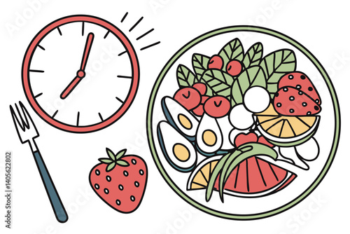 101 Clock face, plate, fresh vegetables, fruits, intermittent fasting concept, healthy eating, time-restricted feeding, colorful produce, nutritious diet, fork and knife, circular composition, white b