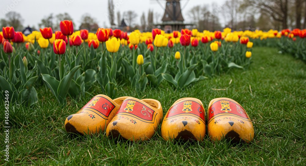 Naklejka premium Wooden shoes adorned with colorful tulips in a vibrant garden, showcasing springtime beauty, copy space