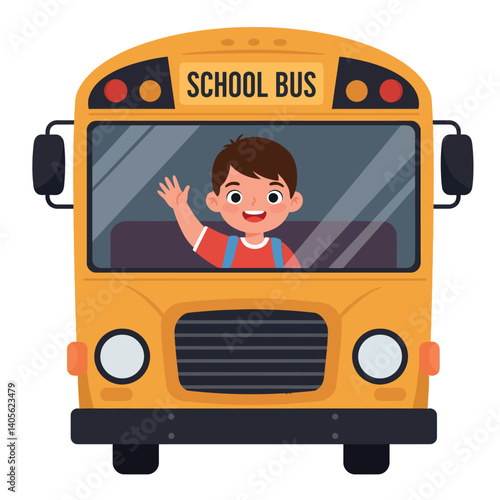 Cheerful boy waving from a bright yellow school bus in a flat design vector illustration