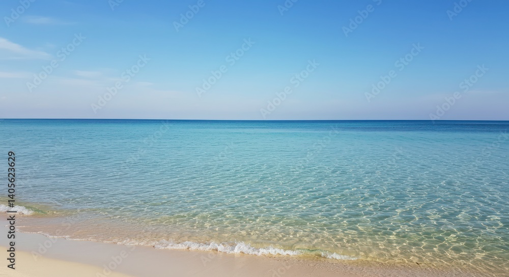 Tranquil blue ocean waves gently lapping at a sandy beach under a clear sky Tranquil blue ocean waves gently lapping at a sandy beach under a clear sky