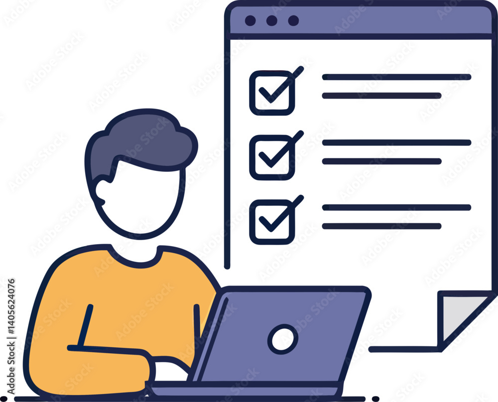 Productivity Powerhouse: A simplified illustration of a young man confidently working on his laptop, a checklist behind him signifying accomplished tasks. The image depicts focus. Productivity Powerhouse: A simplified illustration of a young man confidently working on his laptop, a checklist behind him signifying accomplished tasks. The image depicts focus.