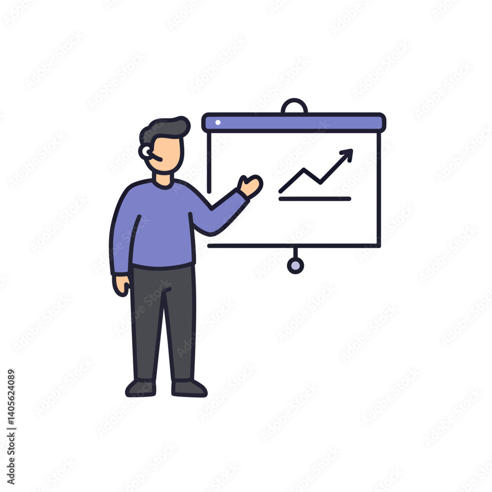 Business Presentation: A stylized illustration of a man giving a business presentation using a projector screen showing an upward trending graph. The image is clean and simple. Business Presentation: A stylized illustration of a man giving a business presentation using a projector screen showing an upward trending graph. The image is clean and simple.