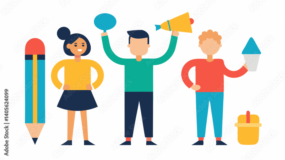 Fototapeta premium Everyday life scene with casual characters holding items in a modern vector style perfect for social media user personas and lifestyle branding