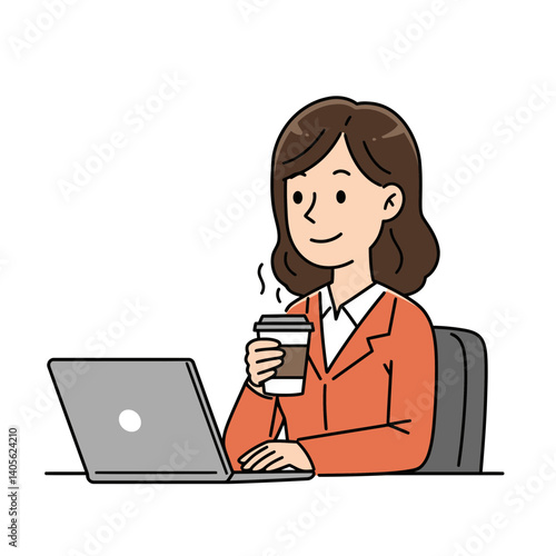 Coffee break at desk: A woman takes a moment, sipping hot coffee at her desk while using a laptop, epitomizing work-life balance.