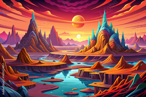 futuristic landscape cartoon with cliffs and water at sunset time. Modern minimal abstract background, game banner