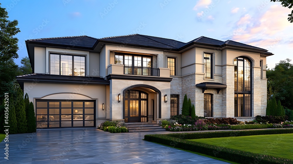 Contemporary luxury house with wide garden at sunset high resolution picture Contemporary luxury house with wide garden at sunset high resolution picture