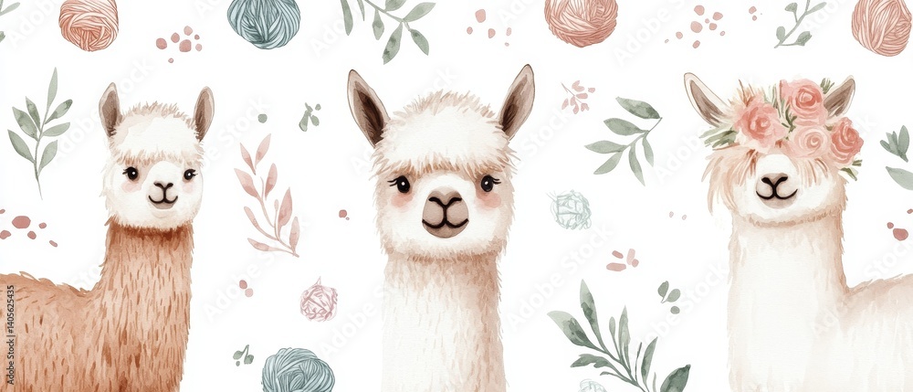 Three llamas with flowers on their heads