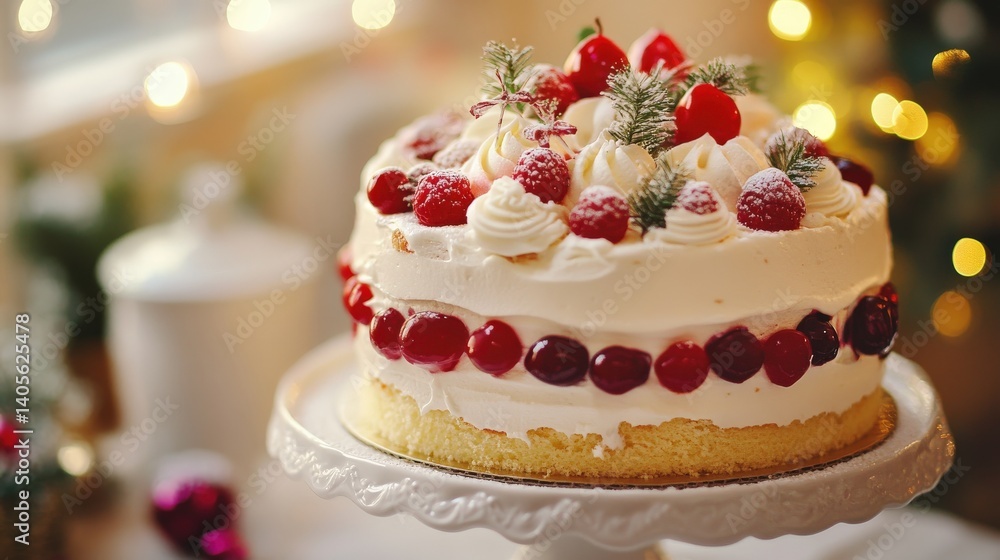 A beautifully decorated cake with white frosting and various berries A beautifully decorated cake with white frosting and various berries