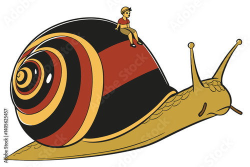 102 Giant snail, German flag colors, shell painted like German flag, surreal, miniature person riding snail, whimsical, fantasy creature, slow progress metaphor, national pride, 3D rendering, high det