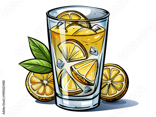 A high-quality vector illustration of a transparent highball glass filled with ice and lemon slices, isolated on a white background, refreshing and clear