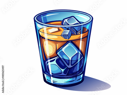 A high-quality vector illustration of a transparent highball glass filled with ice cubes, isolated on a white background, sleek and refreshing