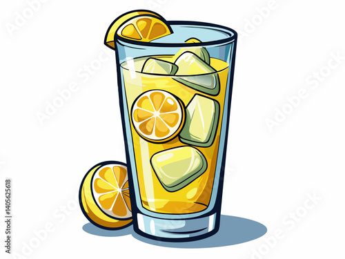 A high-quality vector illustration of a transparent highball glass filled with ice and lemon slices, isolated on a white background, refreshing and clear