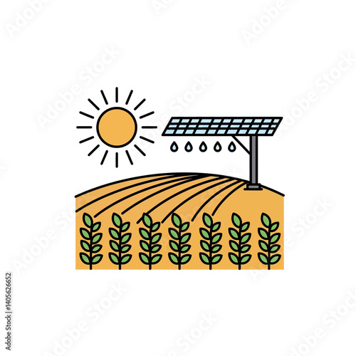 Solar Irrigation: A vibrant illustration depicts the innovative synergy of renewable energy and sustainable agriculture. A solar panel powers a modern irrigation system.