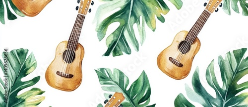 A watercolor painting of a guitar with leaves in the background