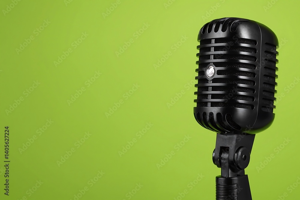 Fototapeta premium A vintage black microphone stands out against a vibrant green background, isolated