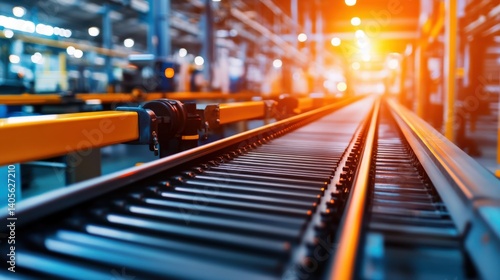 A modern and minimalistic industrial background with softly blurred conveyor belts and automated machinery