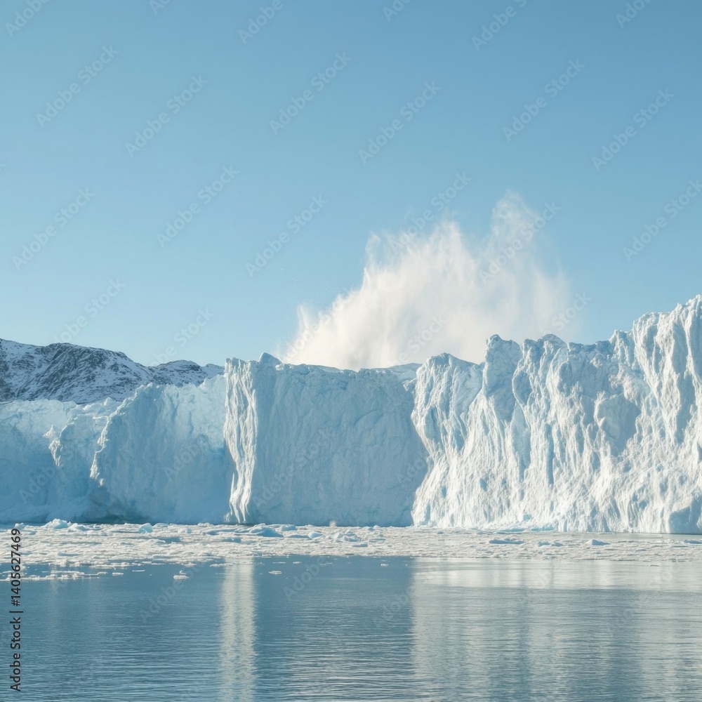 Collapsing huge iceberg wall moment in polar arctic sea waters. Climate change, Global warming and flora and fauna in polar Zones concept Collapsing huge iceberg wall moment in polar arctic sea waters. Climate change, Global warming and flora and fauna in polar Zones concept