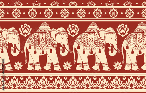 Seamless Pattern Tribal Ethnic indian Elephant pattern,Thai elephant, paisley and hamsa. Ethnic indian elephant background Hand drawn illustration. Wallpaper, cloth design, fabric, tissue, carpet
