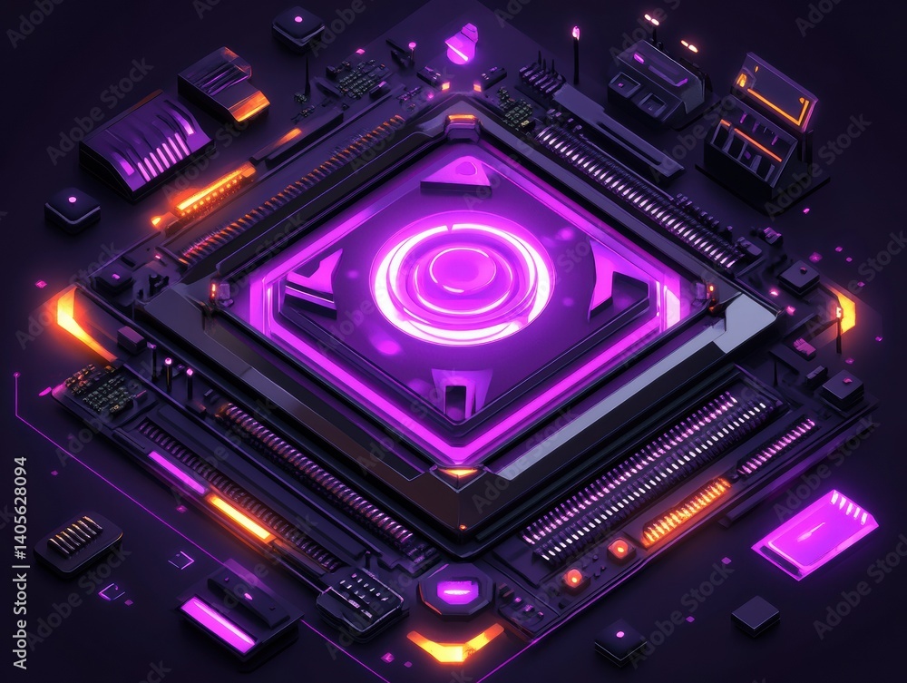 Obraz premium 3D Render of a Purple Neon-Lit Circuit Board