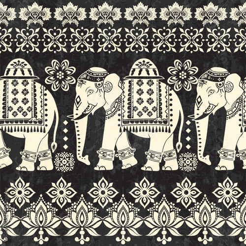 Seamless Pattern Tribal Ethnic indian Elephant pattern,Thai elephant, paisley and hamsa. Ethnic indian elephant background Hand drawn illustration. Wallpaper, cloth design, fabric, tissue, carpet