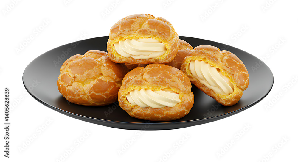 Freshly baked cream puffs placed on a black plate looking golden, fluffy, and creamy, perfect for a light dessert or sweet treat during special occasions.