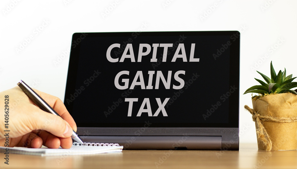 Capital gains tax symbol. Concept words Capital gains tax on beautiful black tablet. Businessman hand. Beautiful white background. Business and capital gains tax concept. Copy space. Capital gains tax symbol. Concept words Capital gains tax on beautiful black tablet. Businessman hand. Beautiful white background. Business and capital gains tax concept. Copy space.
