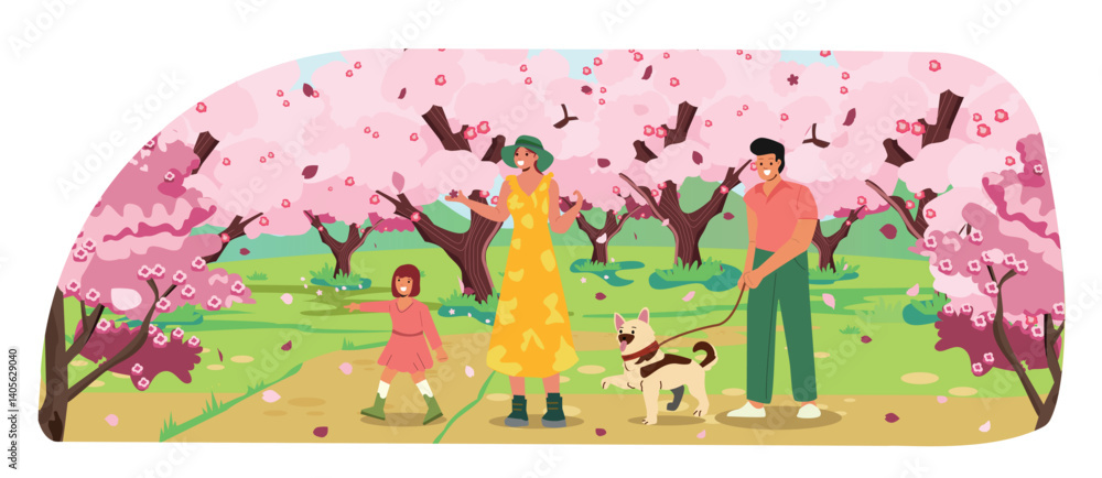 Fototapeta premium Spring Walk under cherry blossom tree, dog walking, family walking on a sunny spring day with cherry blossoms in full bloom. cartoon people illustration, isolated on white background. 