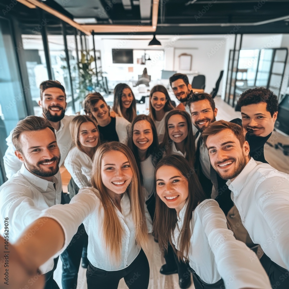 Group selfie at casual workplace with diverse young professionals Group selfie at casual workplace with diverse young professionals