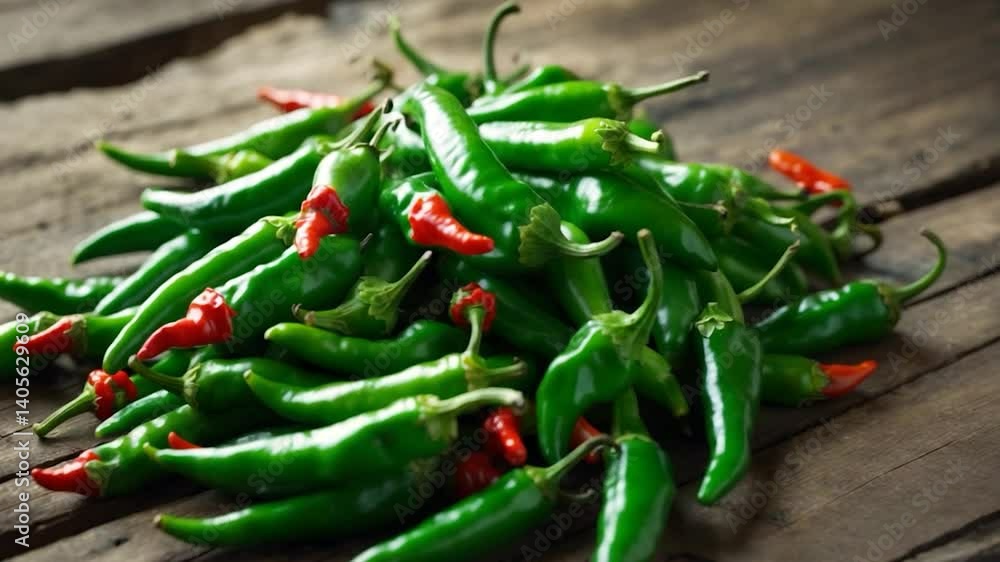 A vibrant assortment of green chili peppers rests on a weathered wooden surface, showcasing their deep color and texture.