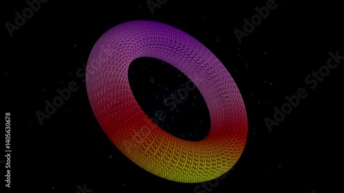 A mesmerizing video featuring a spinning holographic wireframe torus with cascading rainbow effects on a dark background, highlighting red, blue, and orange colors.