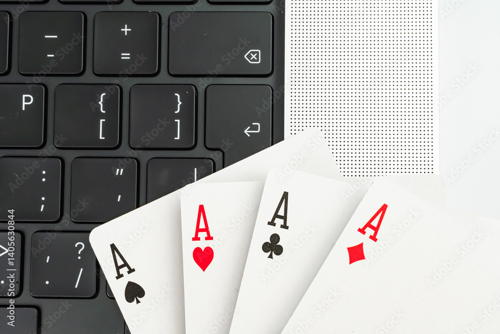 A split image featuring a laptop showing code and playing cards in a fan shape on the right side The context suggests themes of technology, gambling, chance, gaming, business, decisions, uncertainty A split image featuring a laptop showing code and playing cards in a fan shape on the right side The context suggests themes of technology, gambling, chance, gaming, business, decisions, uncertainty
