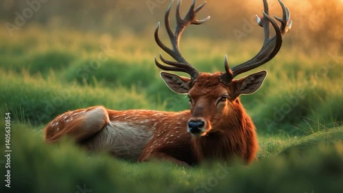 Wallpaper Mural A full-grown Red Stag resting in the lengthy grass after his rutting tasks. Torontodigital.ca