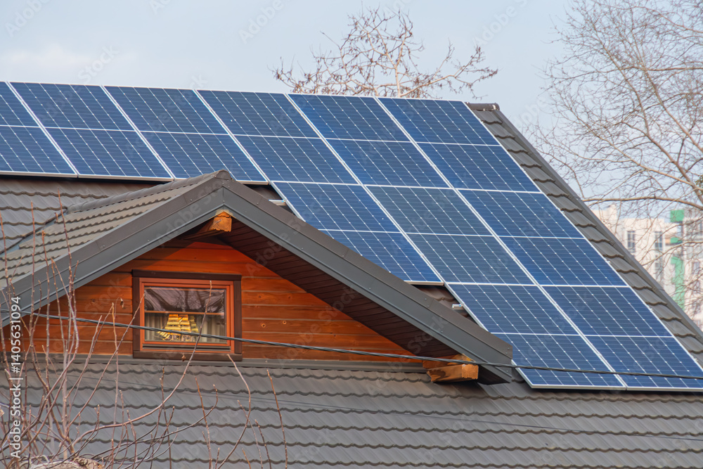 Fototapeta premium Image of a wooden, solar-powered residential building in a suburbanrural setting, showcasing sustainable living and eco-friendly aesthetics