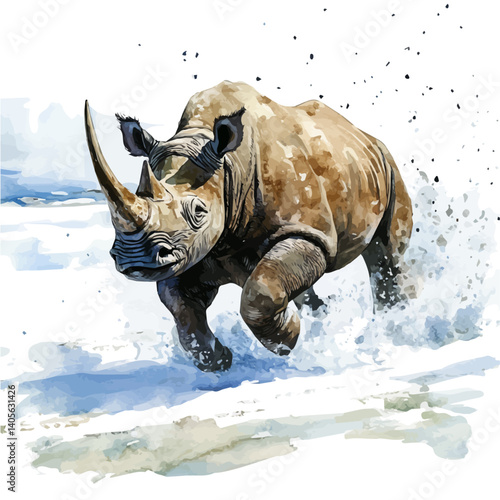 illustration of Woolly Rhinoceros Charging Across The Icy Plains, watercolor vector, isolated on a white background.