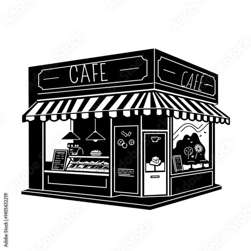 Cozy Cafe Corner: A charming cafe illustration features a quaint building, inviting atmosphere, perfect for any food and beverage establishment.