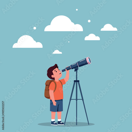 A young boy with a backpack gazing through a telescope against a soft blue sky in flat vector art