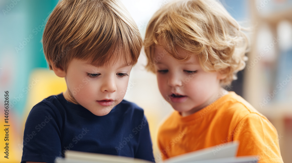 Two toddlers, blonde hair, engrossed in reading book together, showcasing childhood, learning, friendship, and early literacy development Two toddlers, blonde hair, engrossed in reading book together, showcasing childhood, learning, friendship, and early literacy development