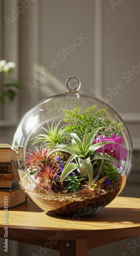 Arrangement on the table: books next to the florarium. Tropical plants in a glass container create a cozy mini-garden, purifying the air. Exotic at home or office.