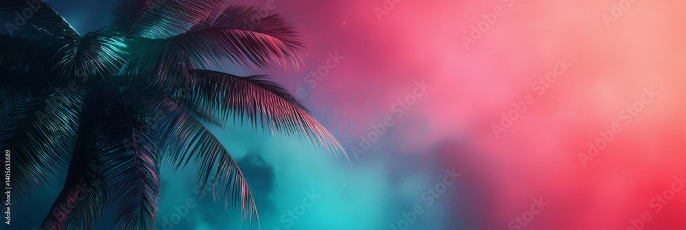 a palm tree with a colorful sky in the background