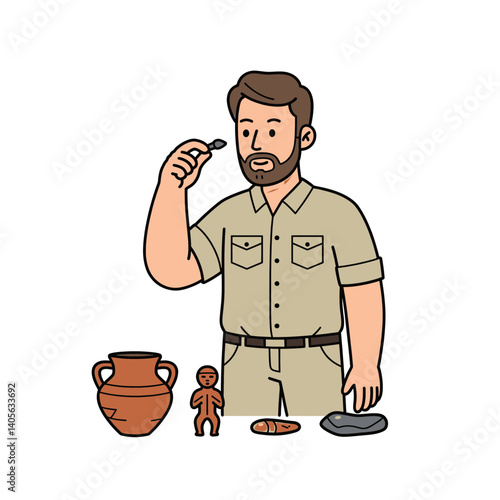 Archaeologist at Discovery: A dedicated archaeologist examines a newly unearthed artifact with keen interest, surrounded by historical objects in an illustrative setting.
