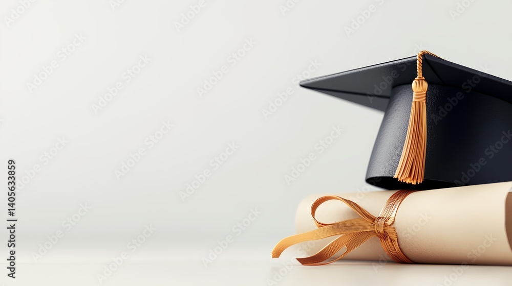 A black cap and gown sits on top of a white piece of paper