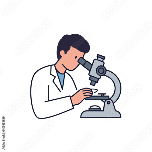 Microscopic Exploration: A dedicated scientist peers intently through a microscope, engrossed in a detailed examination, within a sterile lab setting. 