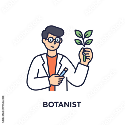 Botanist Illustration: A friendly cartoon illustration of a botanist in lab coat holding a plant,  representing research, knowledge, and the wonders of plant life.