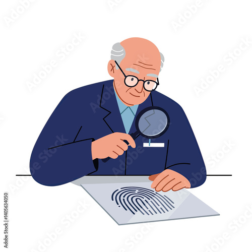 Investigating Fingerprints: A focused investigator meticulously examines a fingerprint using a magnifying glass, showcasing the precision of forensic analysis. 