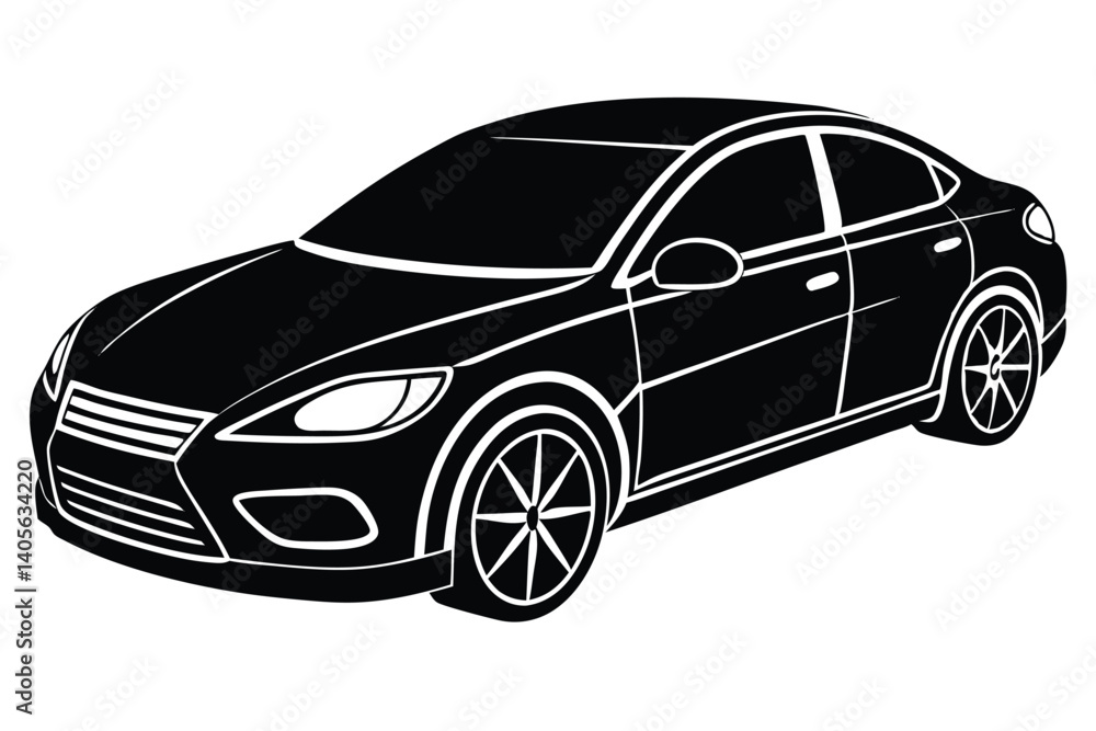 Sleek black sedan, a contemporary automotive illustration with crisp white outlines Sleek black sedan, a contemporary automotive illustration with crisp white outlines